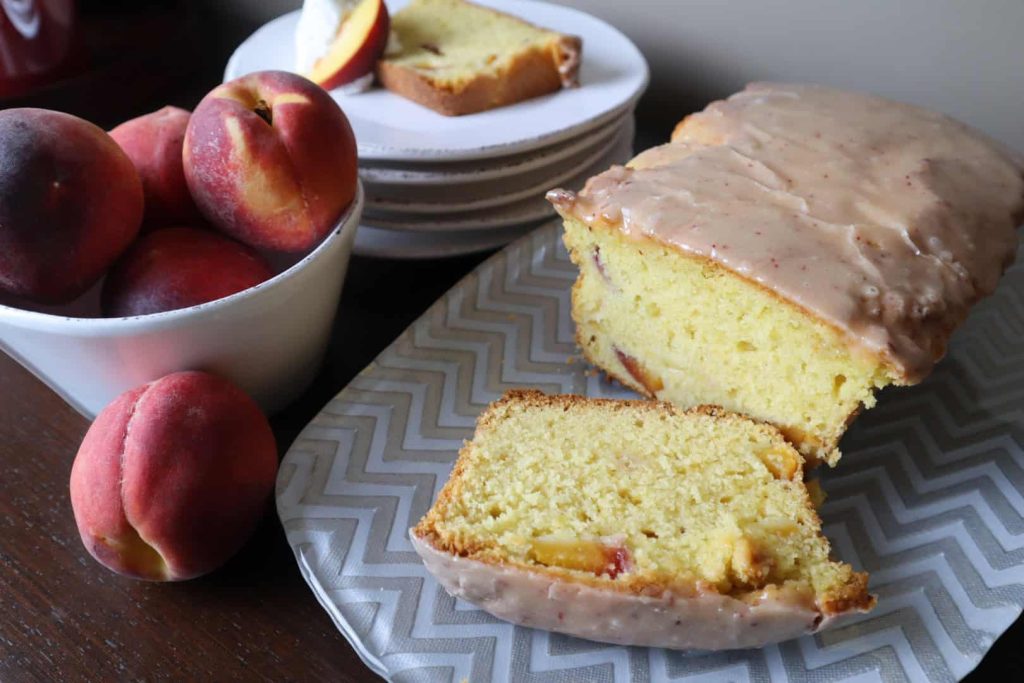 Peach pound cake on a platter.