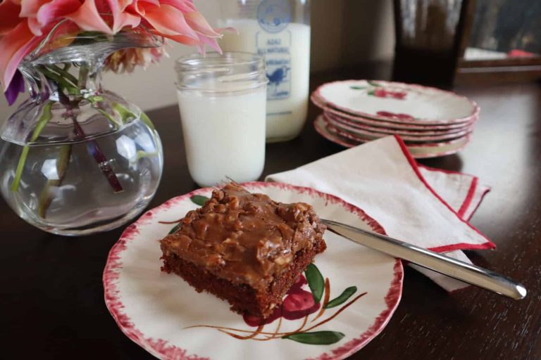 Vintage plate with classic chocolate Texas sheet cake.