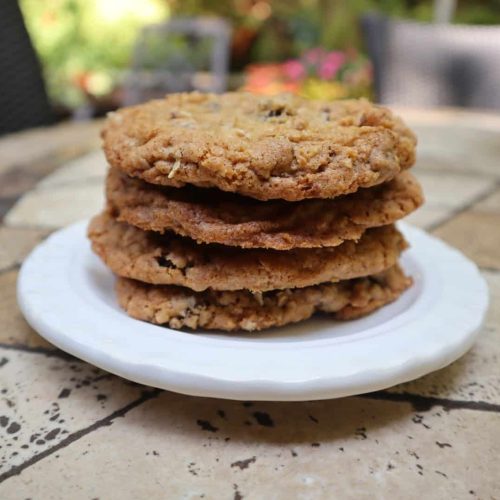 A stack of oatmeal raisin chocolate chip cookies.